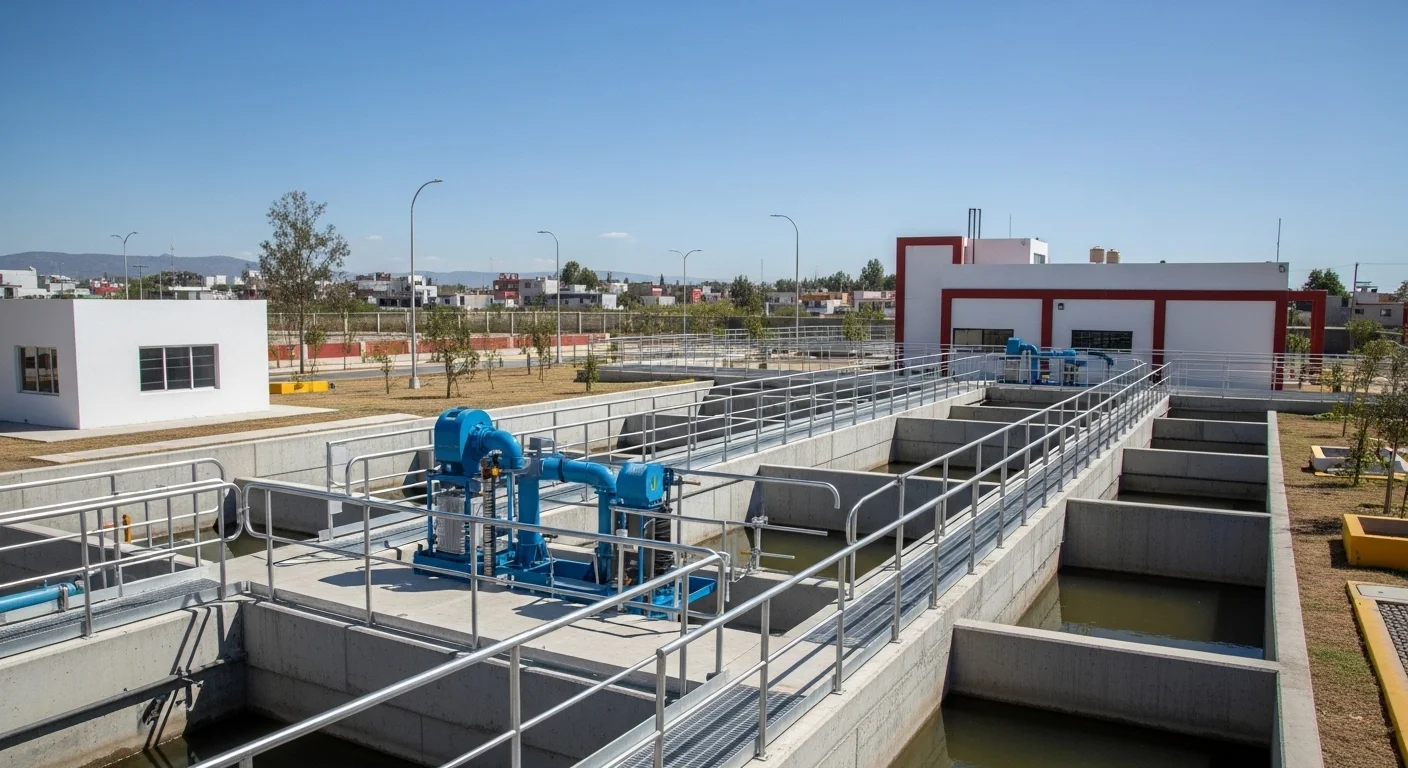 Infraestructura de una planta de tratamiento de agua en un municipio de México, simbolizando la inversión por la recaudación eficiente.