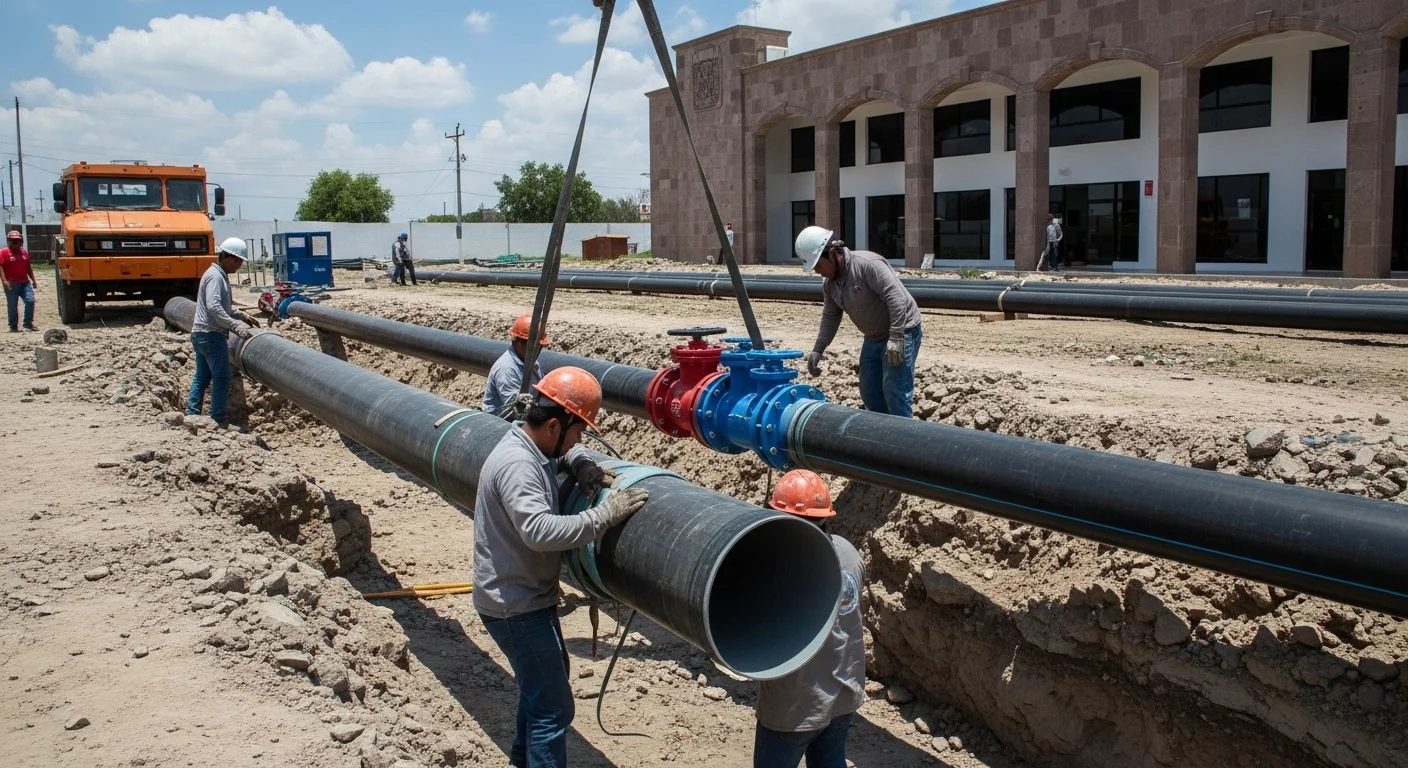 Trabajadores instalando tuberías de gran diámetro para un proyecto de agua potable en un municipio de México, simbolizando la inversión en infraestructura