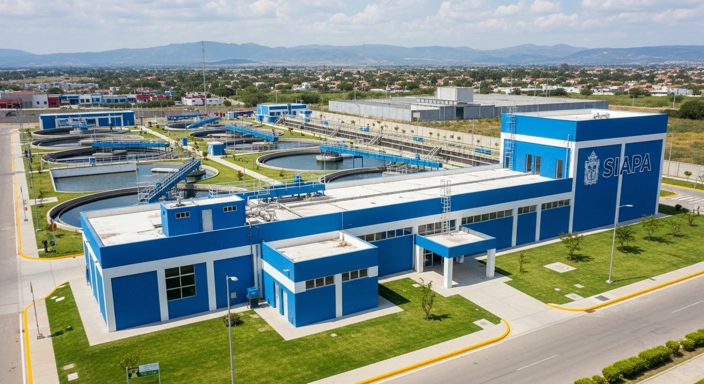 Vista aérea de una planta de tratamiento de agua del SIAPA, infraestructura financiada gracias a la recaudación eficiente de los municipios.