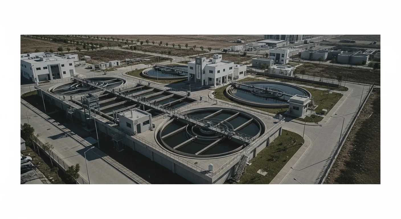 Vista aérea de una planta de tratamiento de agua en un municipio mexicano, simbolizando la infraestructura financiada por el pago de recibos.