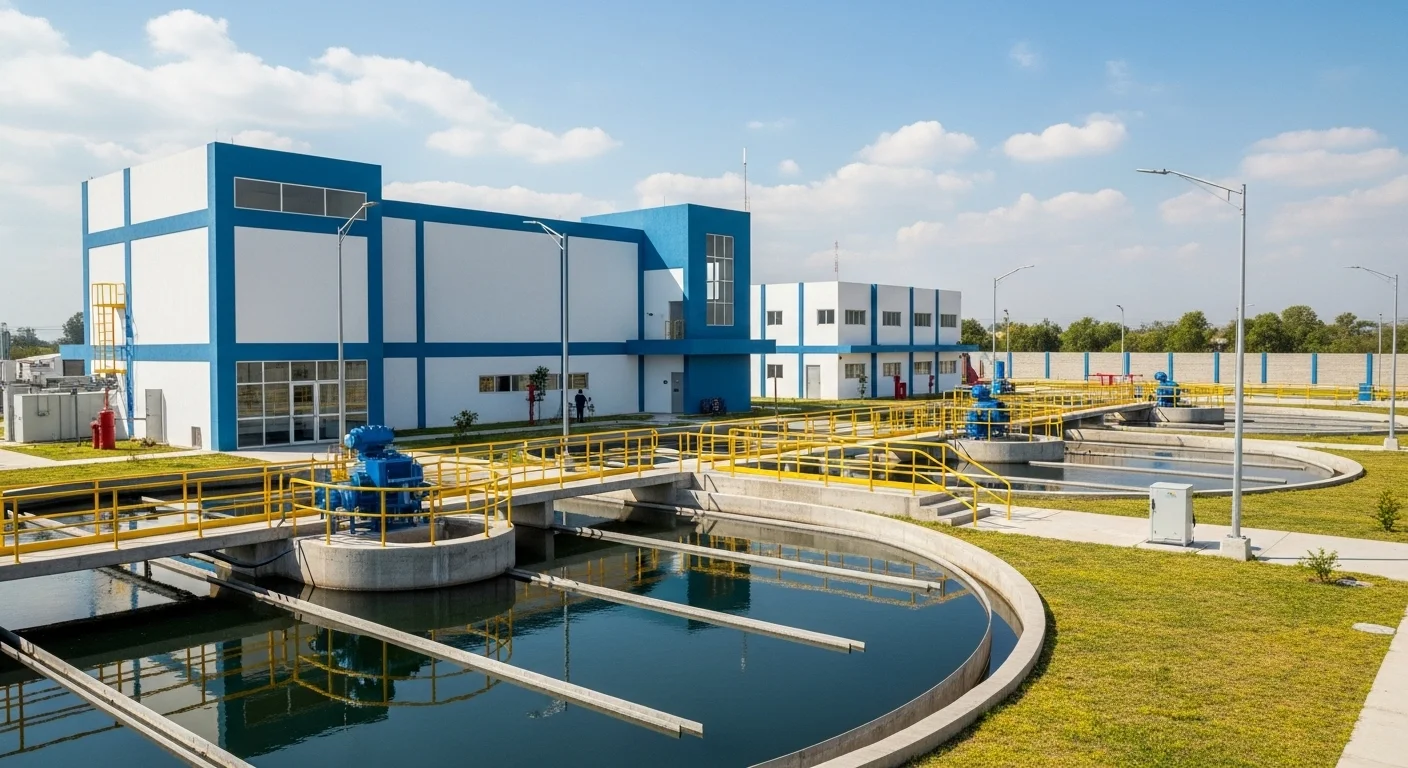 Planta de tratamiento de agua operada por un ayuntamiento mexicano, mostrando la infraestructura financiada por el pago de servicios municipales.