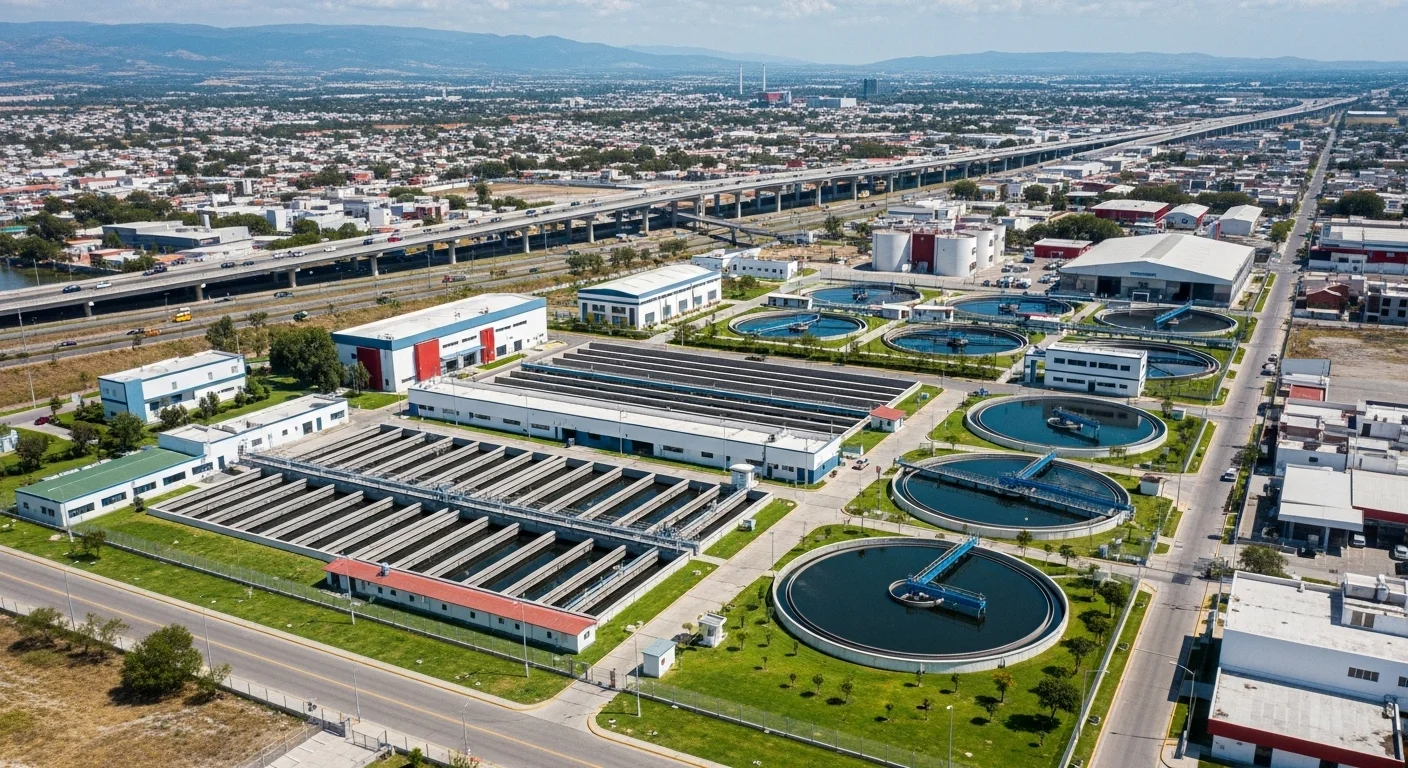 Vista aérea de una planta de tratamiento de agua en un municipio mexicano, mostrando la compleja infraestructura necesaria para el saneamiento, financiada en parte por el recibo de agua.