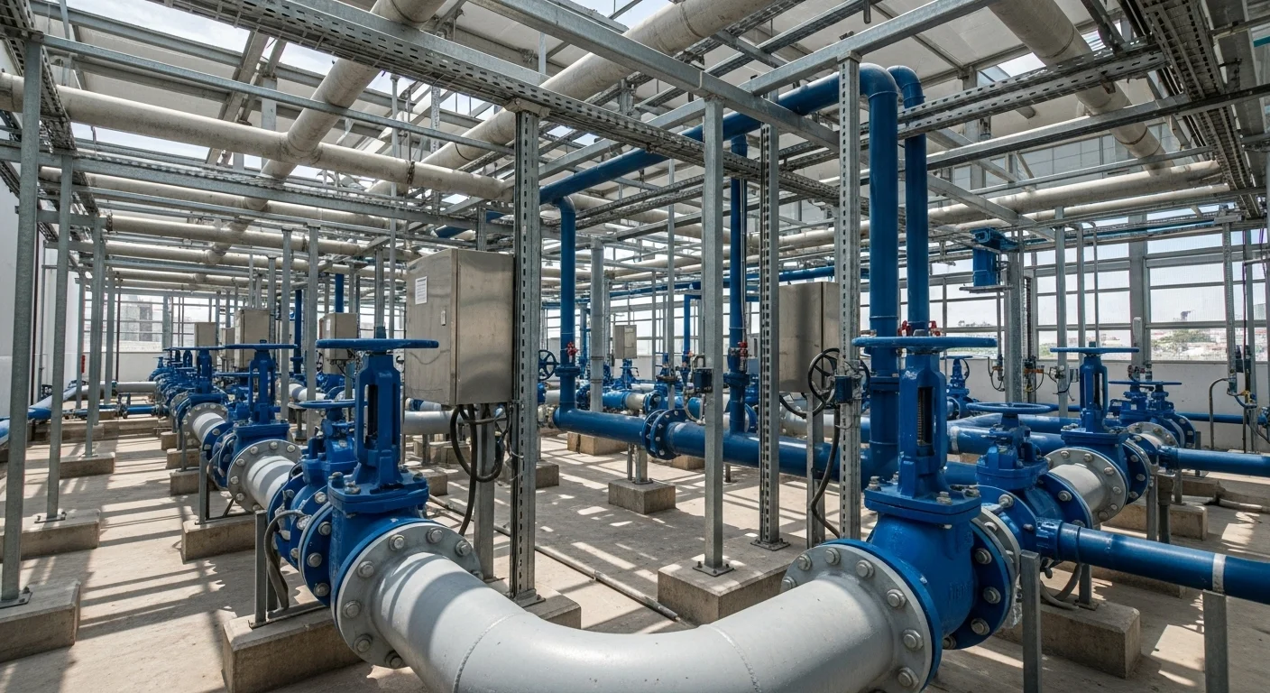 Tuberías y válvulas de un sistema de agua potable municipal en México, mostrando la complejidad de la infraestructura que requiere mantenimiento constante.