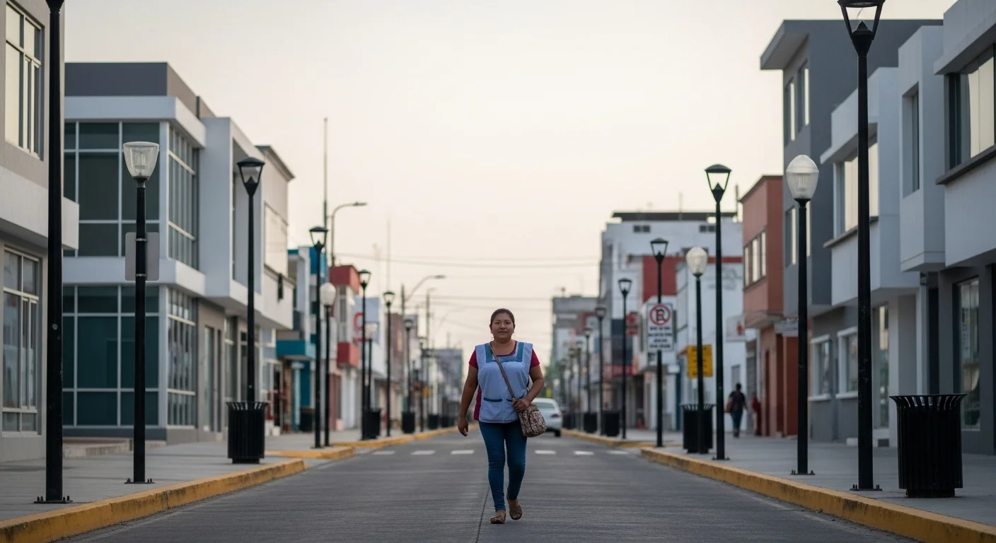 Una calle bien iluminada y pavimentada en un municipio mexicano, simbolizando cómo la infraestructura municipal apoya la seguridad de una empleada domestica en su trayecto.