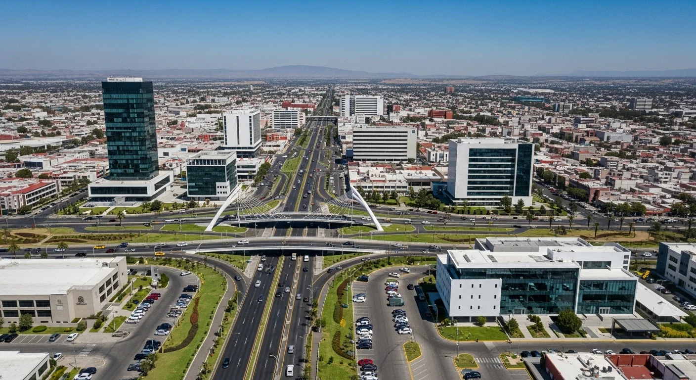 Vista aérea de una ciudad mexicana mostrando diversa infraestructura como vialidades, puentes y edificios, gestionada por el ministerio de obras publicas.