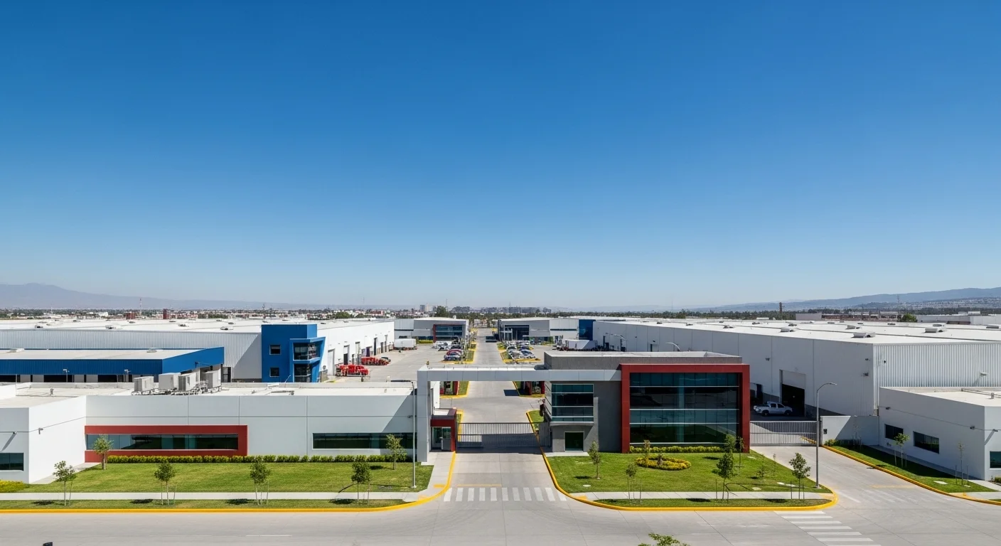 Un parque industrial moderno en un municipio del norte de México, mostrando la infraestructura que impulsa la bolsa de trabajo zona norte.