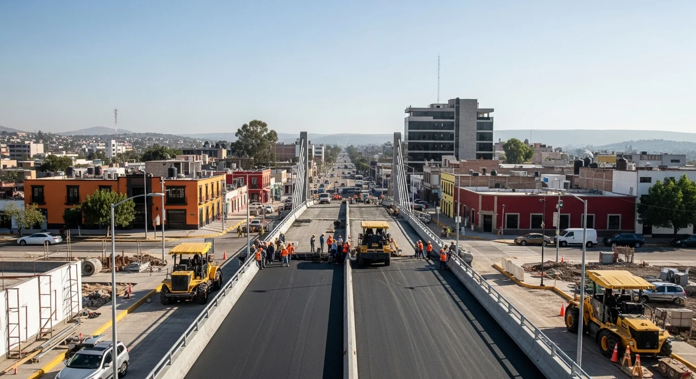 Imagen de una obra de infraestructura municipal en progreso, como la pavimentación de una calle o la construcción de un puente en un municipio mexicano.