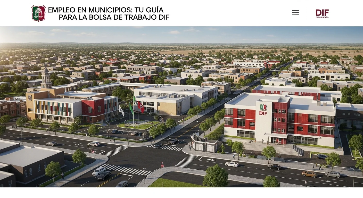 Imagen panorámica de un municipio mexicano destacando edificios gubernamentales como el ayuntamiento y un centro DIF, simbolizando la unión de gobierno e infraestructura social.