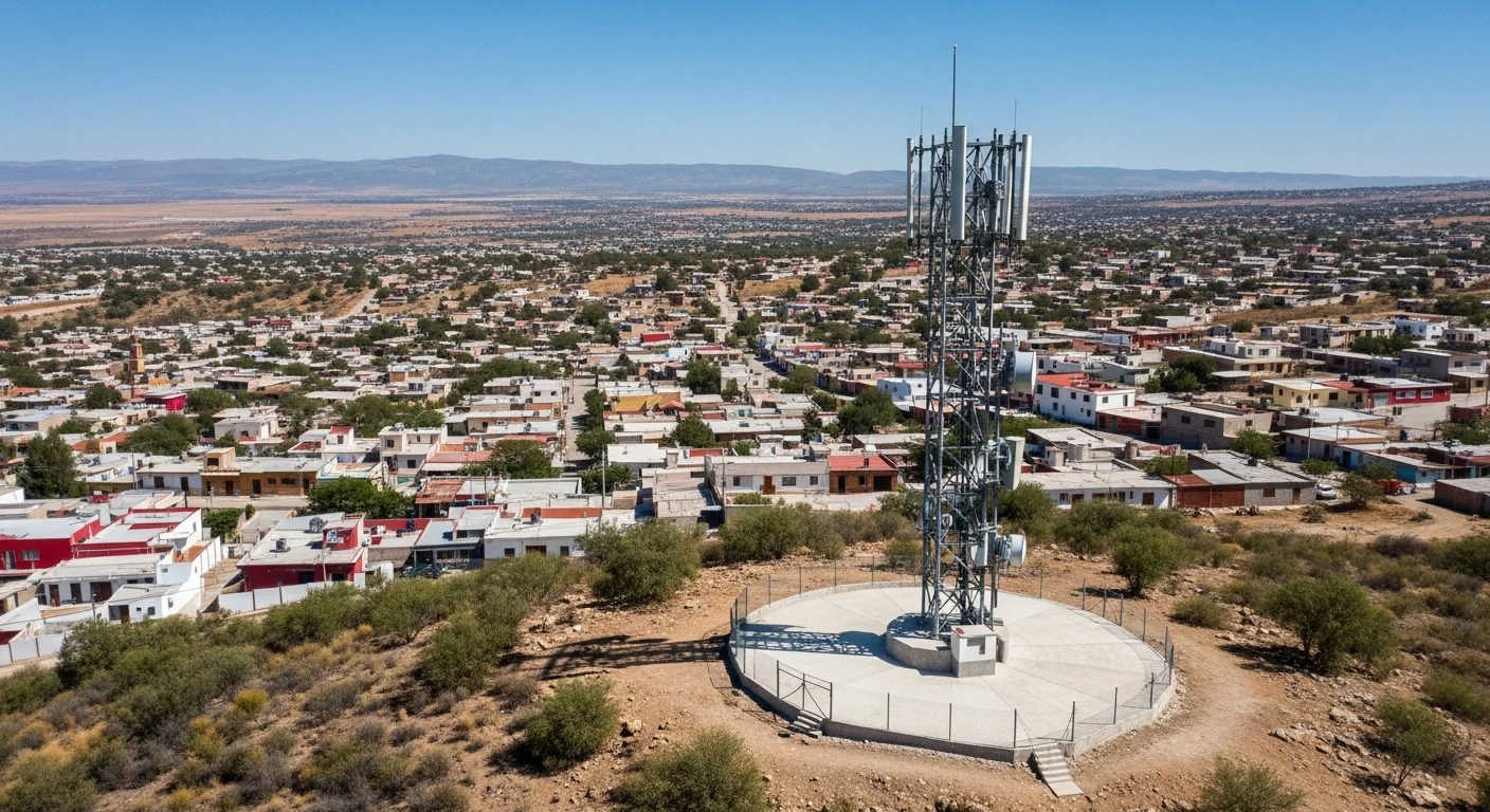 Antena de telecomunicaciones en un cerro con un pueblo mexicano al fondo, representando la infraestructura necesaria para los empleos remotos.