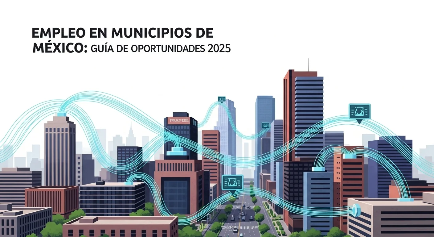 Ilustración de una ciudad mexicana moderna con fibra óptica conectando edificios, simbolizando la infraestructura para empleos IT.