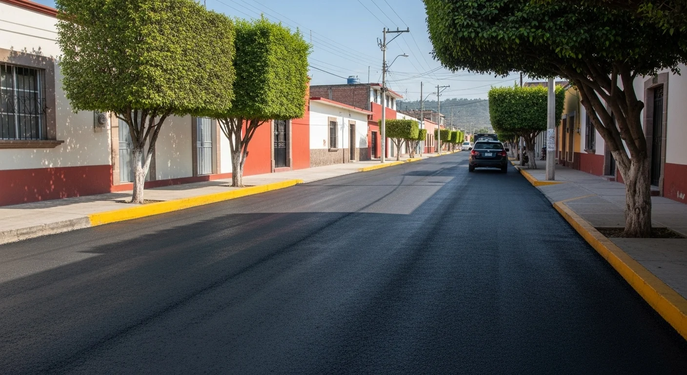 Collage de imágenes de infraestructura municipal: una calle recién pavimentada, un parque público con niños jugando y una farola moderna iluminando una acera.
