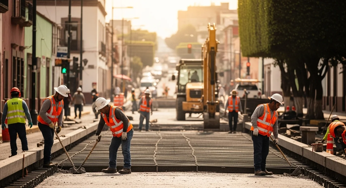 Trabajadores de la construcción en un proyecto de infraestructura urbana en un municipio mexicano, simbolizando la generación de empleo.