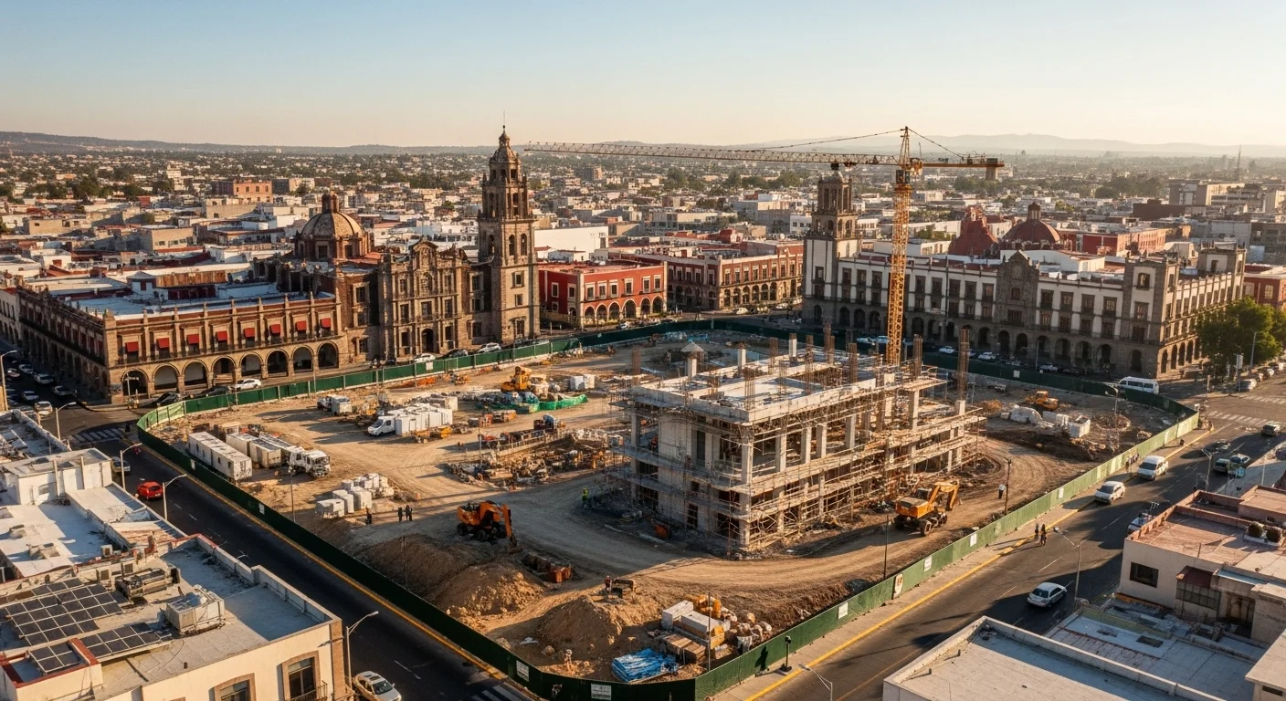 Trabajadores de la construcción en un proyecto de obra pública en un municipio de México, simbolizando la infraestructura y el desarrollo local.