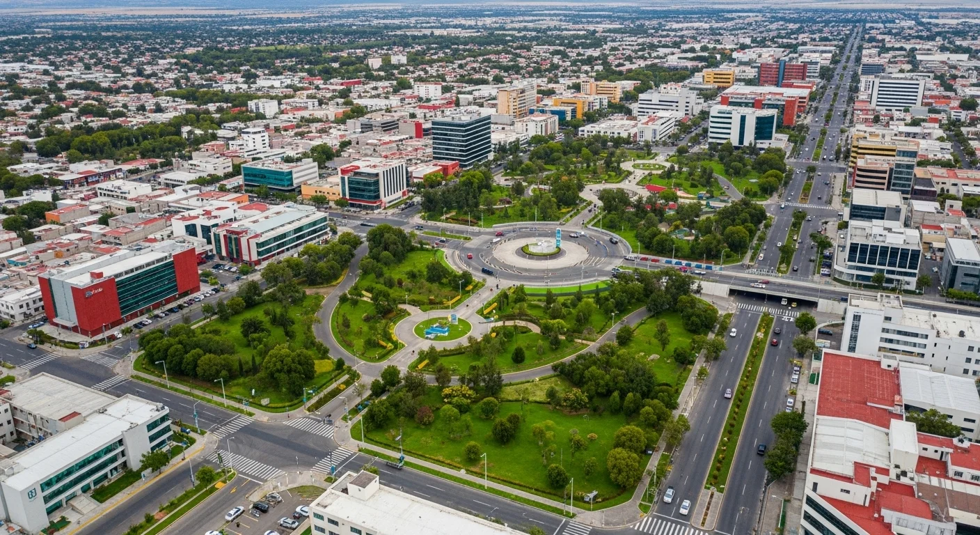 Vista aérea de una ciudad municipal mexicana con infraestructura vial moderna, parques y edificios, simbolizando una buena gestión.
