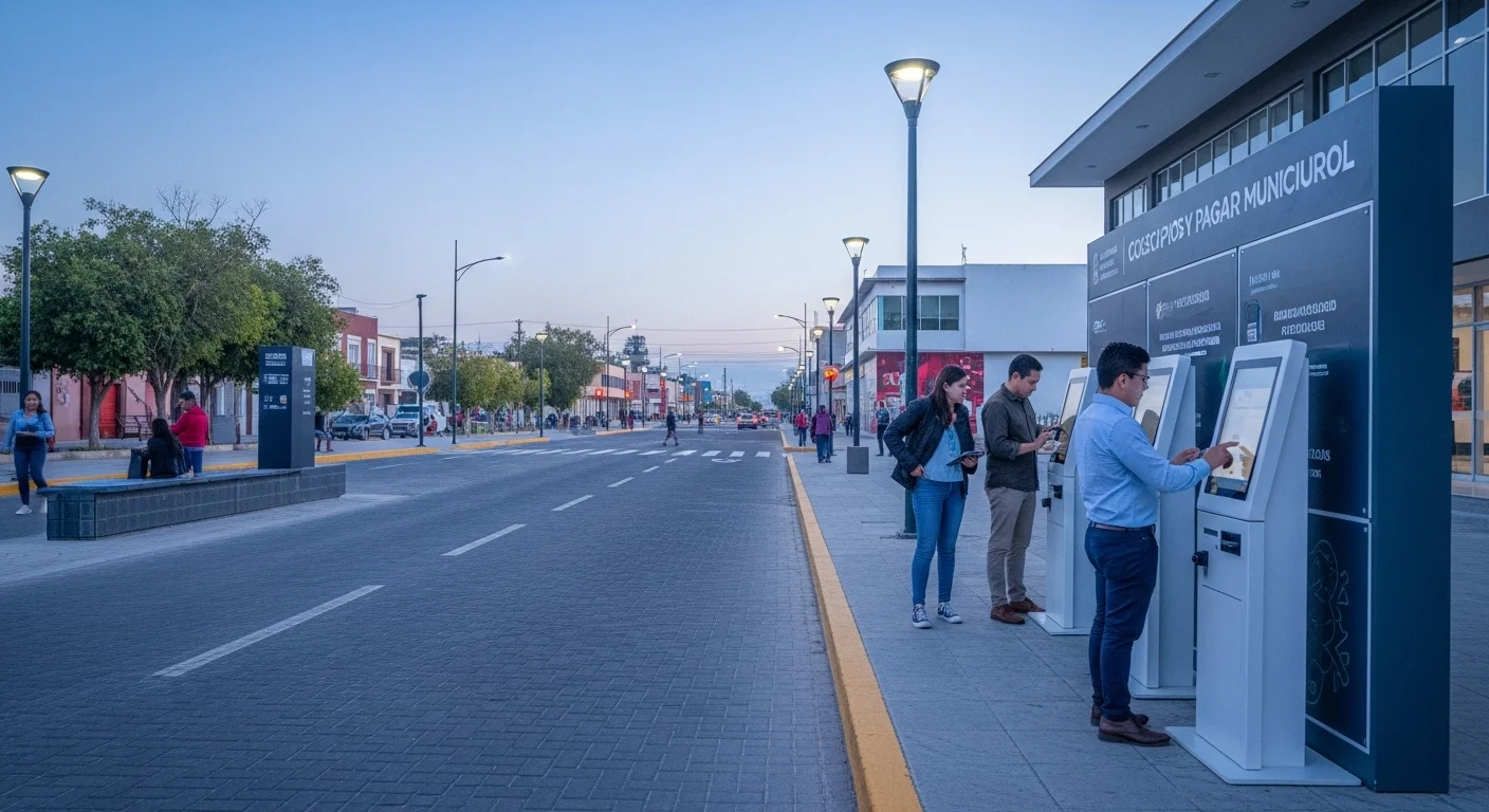 Infraestructura municipal moderna en México, mostrando una calle bien pavimentada, alumbrado público eficiente y servicios digitales accesibles.
