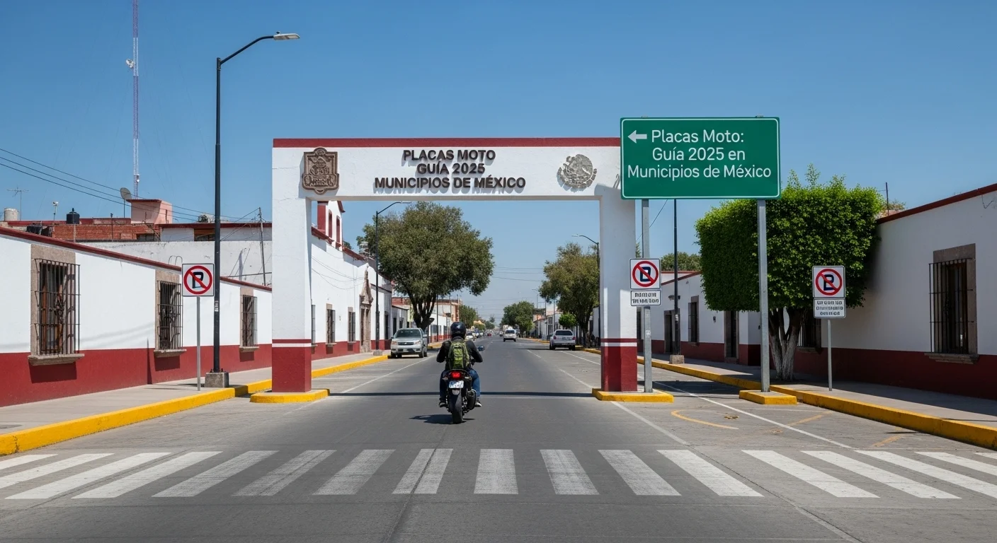 Una calle bien pavimentada y señalizada en un municipio mexicano, con un motociclista circulando de forma segura, demostrando el uso de los recursos municipales.