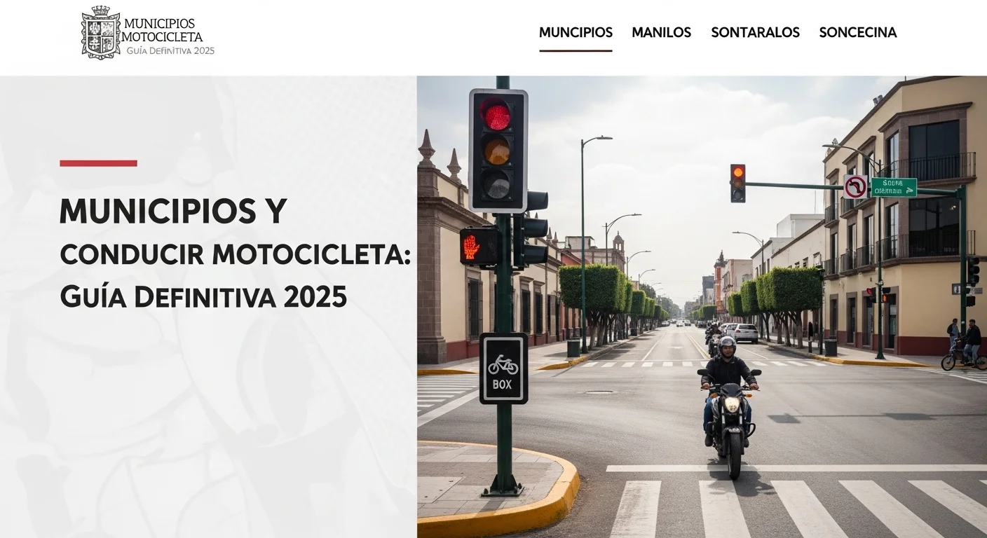 Calle en un municipio de México con señalización de caja para moto en un semáforo, infraestructura que mejora la seguridad vial.