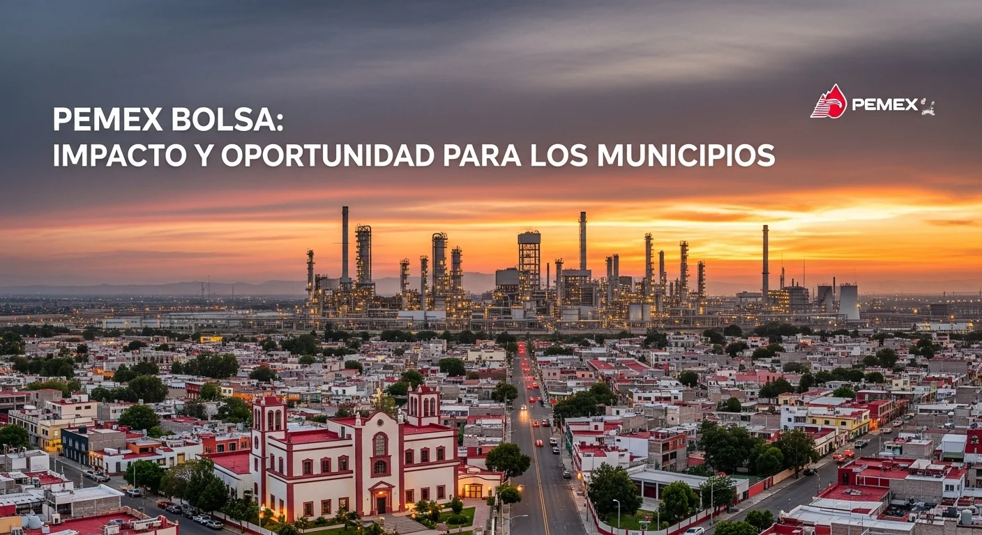 Vista panorámica de una refinería de Pemex al atardecer con un municipio mexicano en primer plano, simbolizando la interconexión.