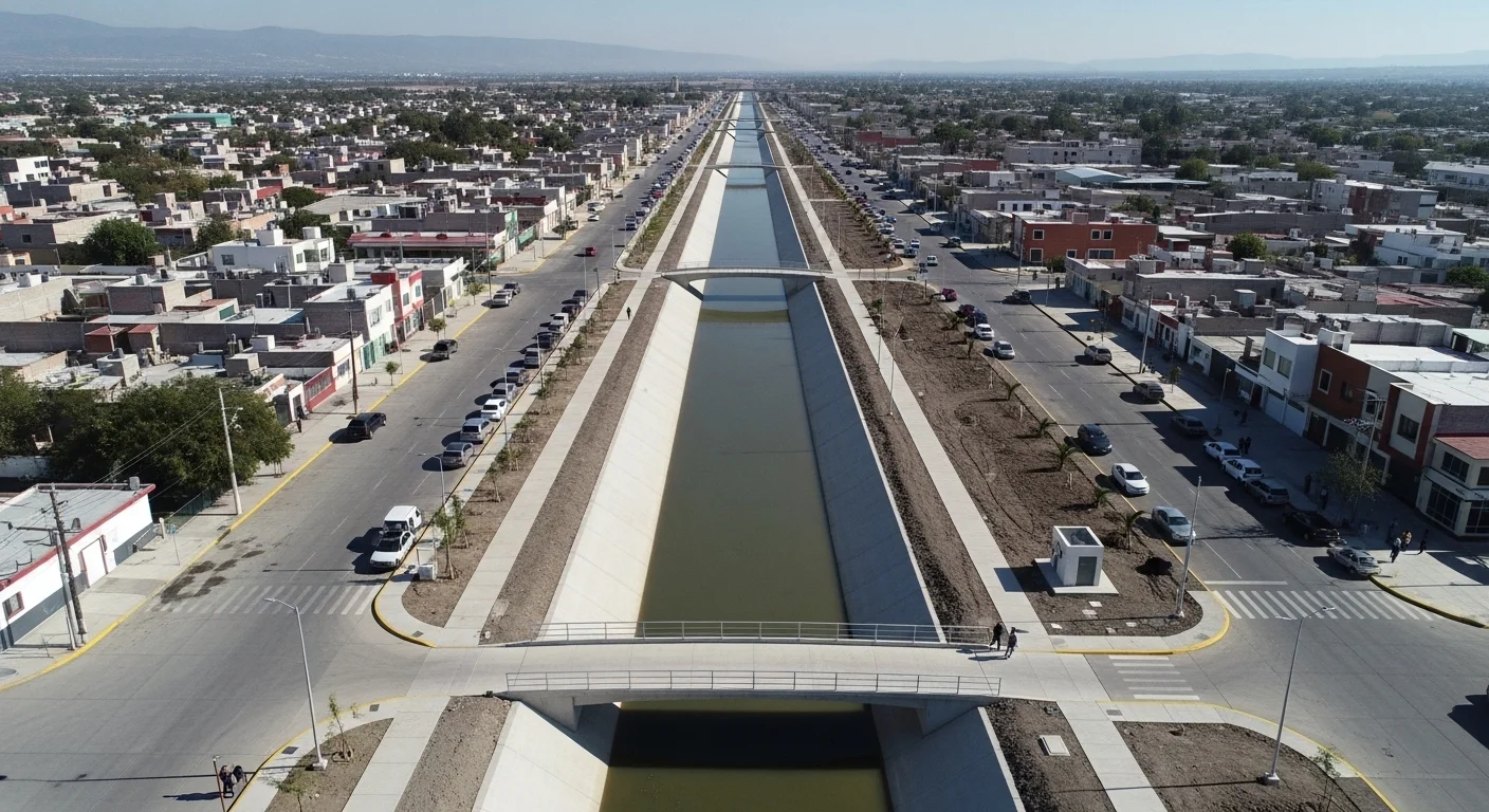 Vista aérea de una obra de infraestructura municipal, como un canal pluvial, diseñada para la prevención de inundaciones en un municipio de México.