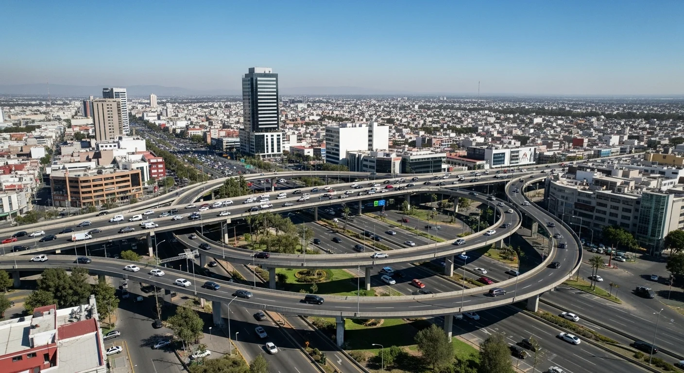 Vista aérea de un distribuidor vial en una ciudad mexicana, simbolizando la infraestructura y la ley de tránsito en los municipios