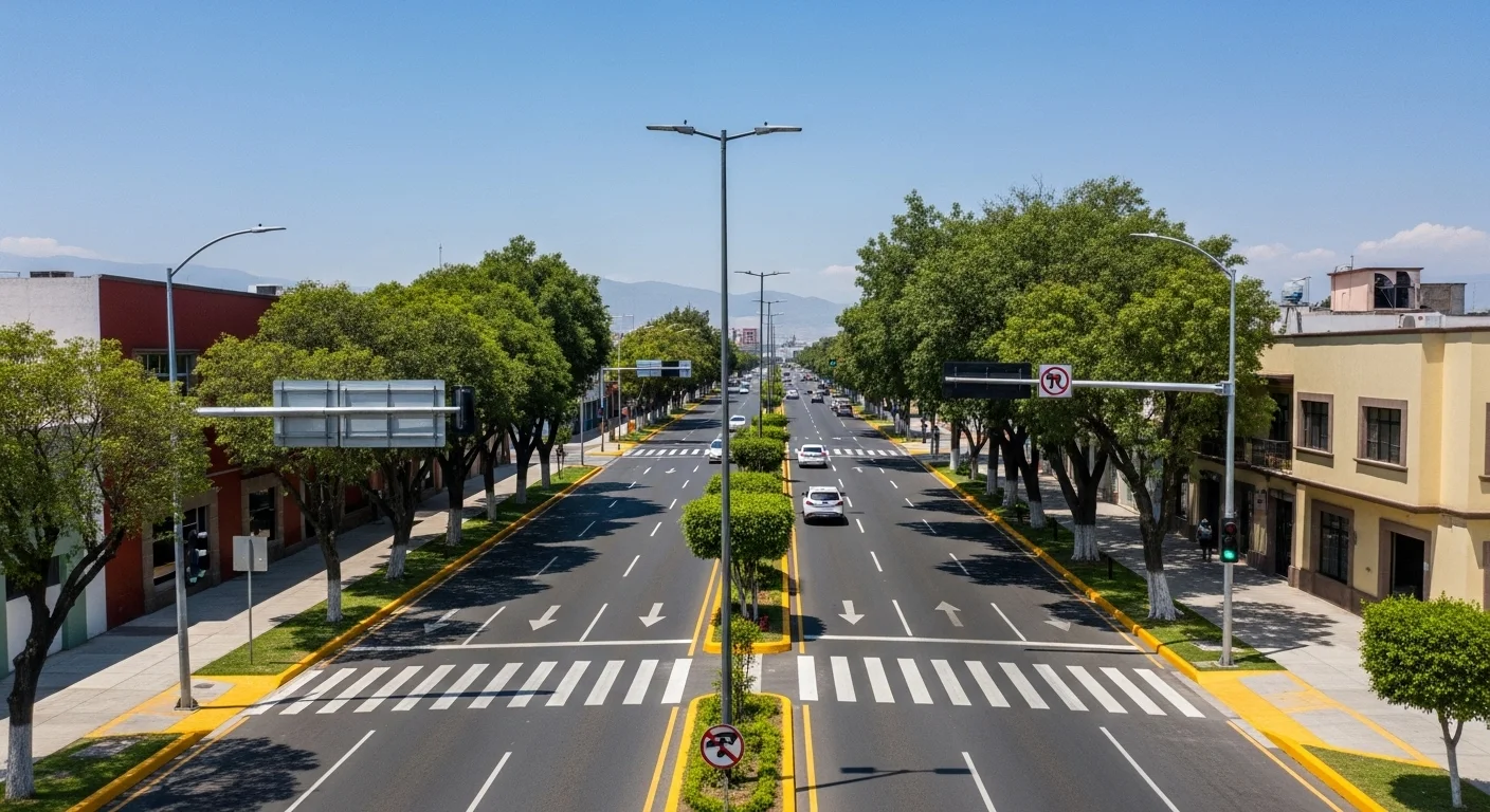 Imagen de una avenida moderna en un municipio mexicano, destacando la infraestructura vial, señalización y cruces peatonales seguros