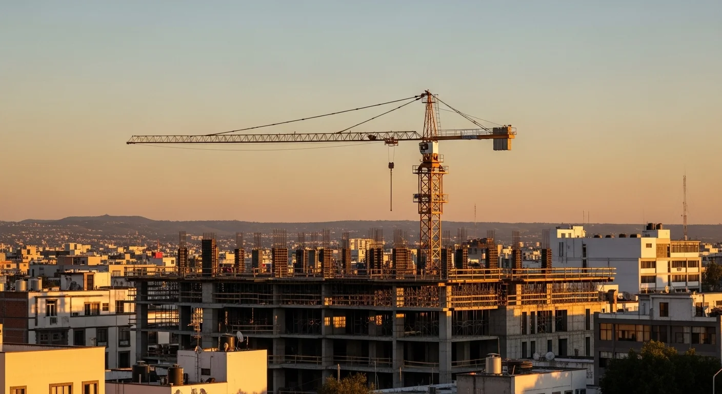 Grúa de construcción trabajando en una obra de infraestructura urbana en México, representando la creación de empleo por parte de los ayuntamientos.