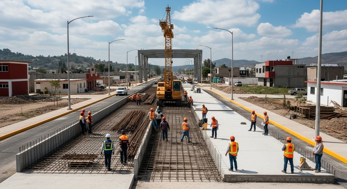Construcción de una obra de infraestructura en un municipio mexicano, reflejando el empleo generado.