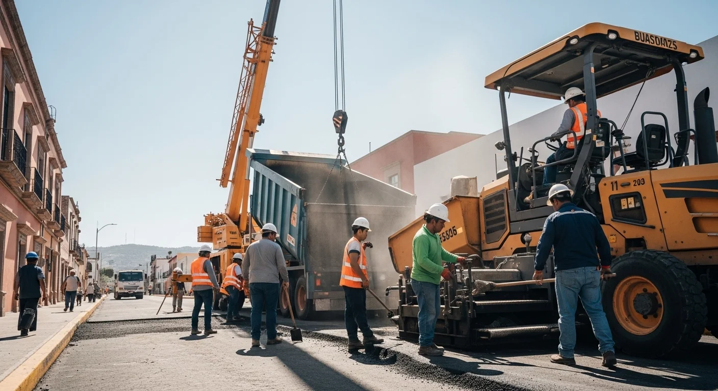 Proyecto de infraestructura urbana en un municipio de México, con trabajadores construyendo una calle, representando la creación de empleo local