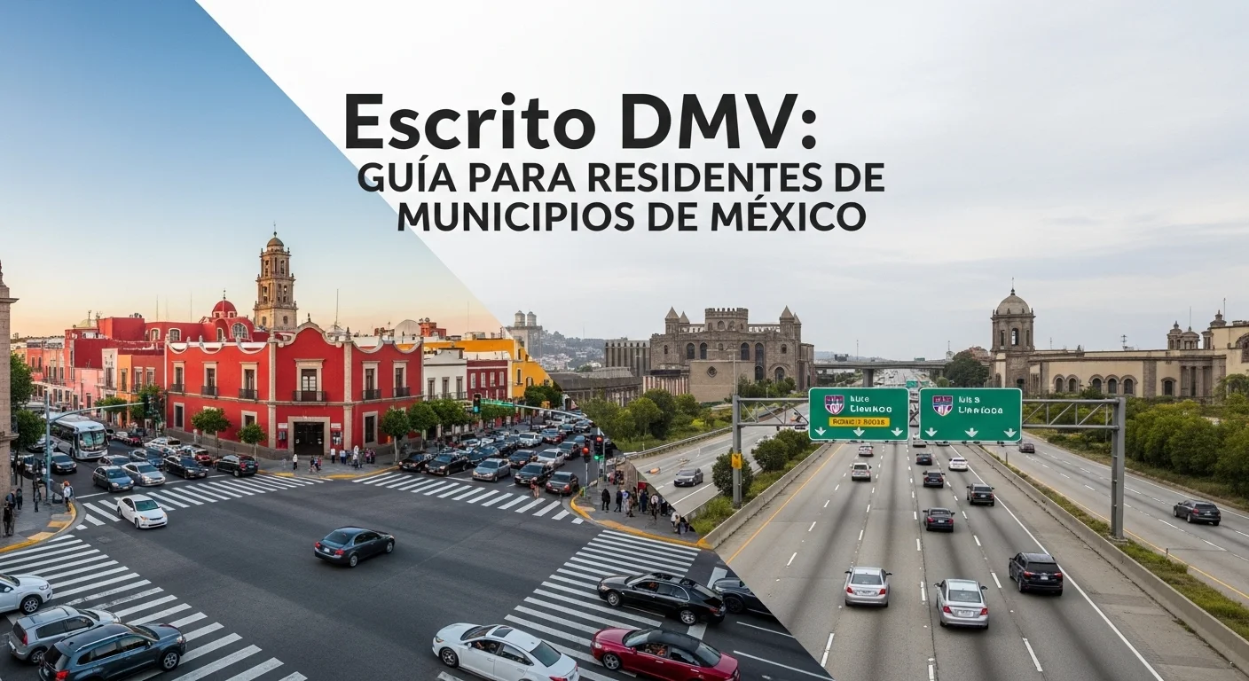 Una imagen dividida que muestra una intersección de tráfico en un municipio de México por un lado y una autopista señalizada en EE.UU. por el otro.