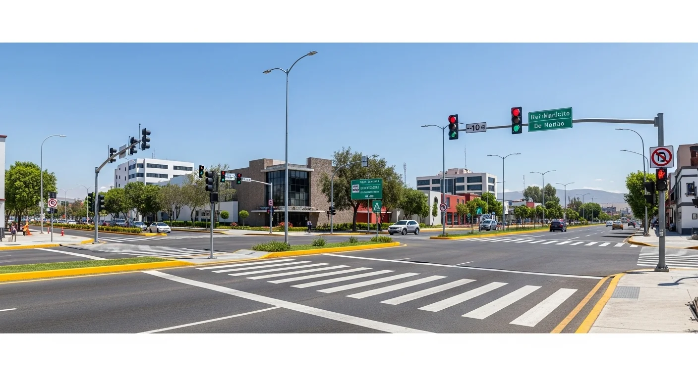 Una intersección vial bien señalizada en un municipio mexicano, mostrando semáforos, cebras peatonales y señalética clara, reflejando una buena gestión municipal.