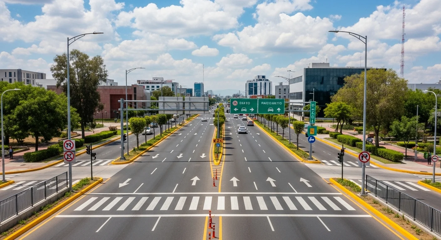 Infraestructura vial en un municipio de México, con señalización clara y carriles bien definidos, mostrando la importancia del reglamento de tránsito.
