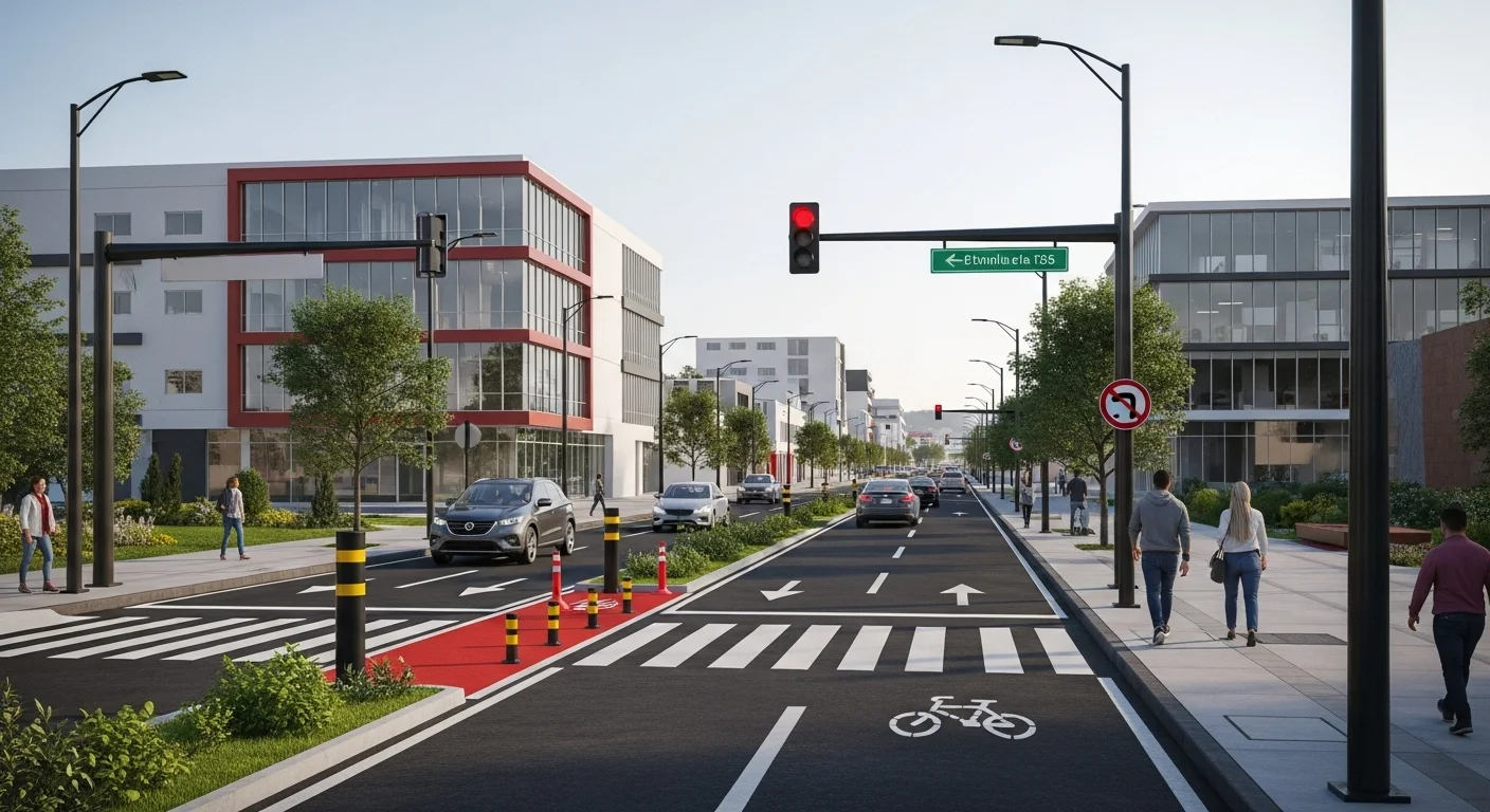 Imagen de una avenida principal en un municipio mexicano, mostrando señalización vial clara, carriles para ciclistas y cruces peatonales seguros.