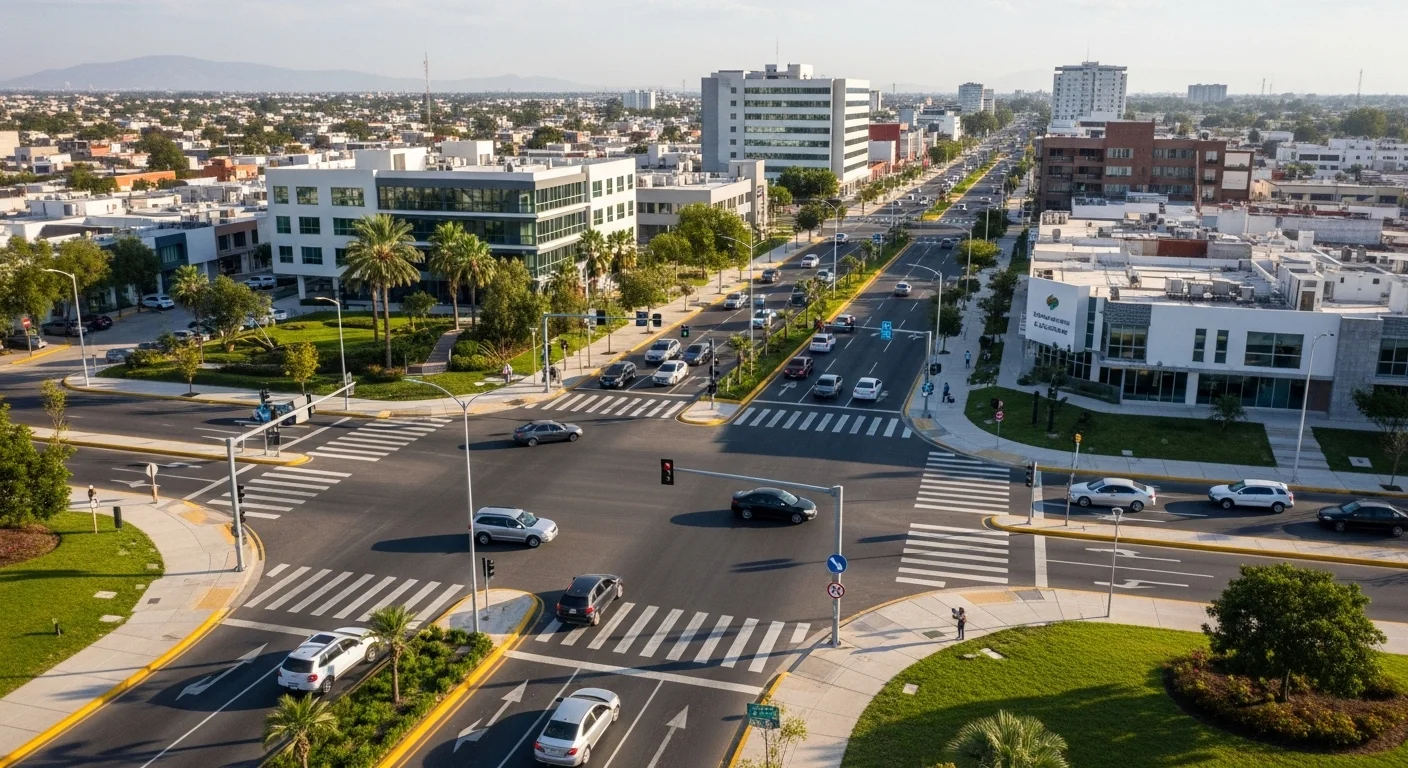 Intersección vial moderna con flujo de tráfico ordenado en un municipio de México, simbolizando la gestión de tránsito y vialidad.