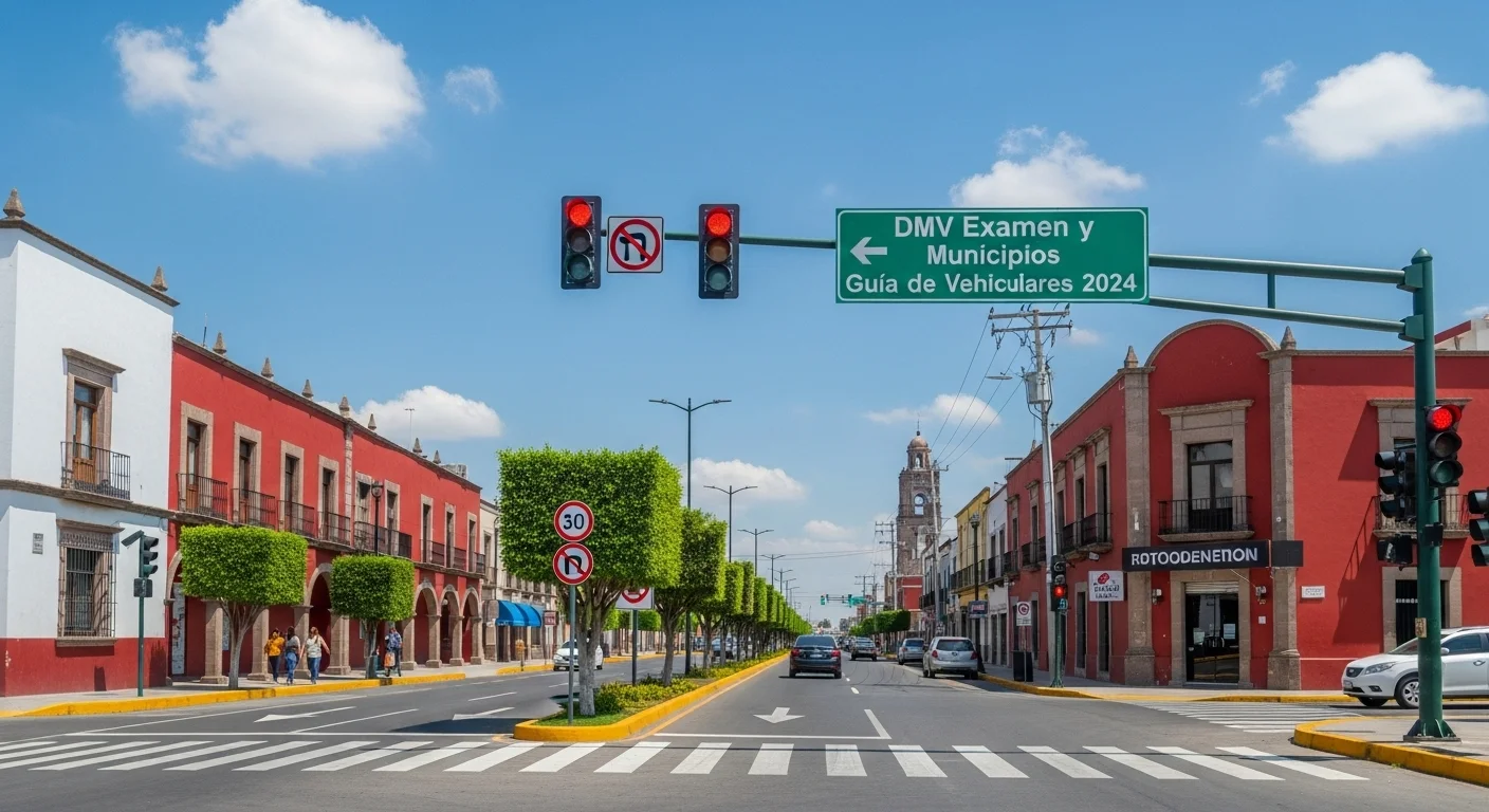 Calle con señalización y semáforos en un municipio de México, infraestructura clave para el examen de manejo dmv y la seguridad vial.