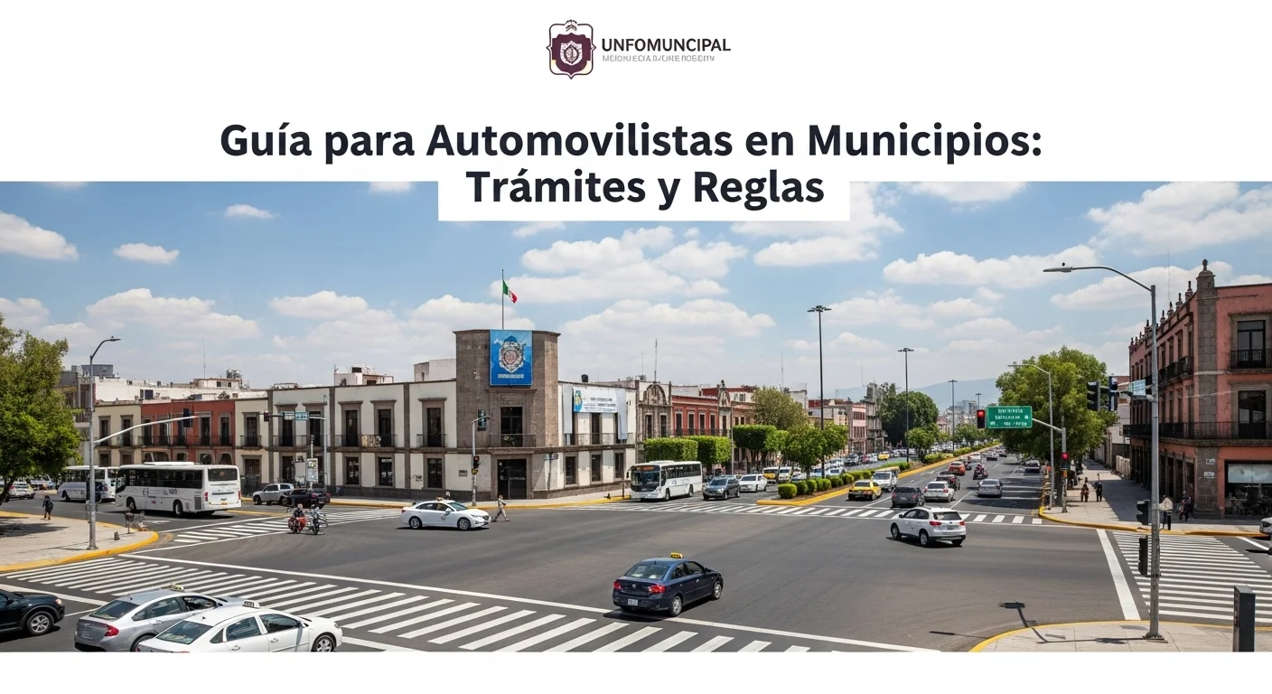 Una concurrida intersección en una ciudad mexicana, destacando la infraestructura vial, los automovilistas y los edificios que representan la gestión de los municipios