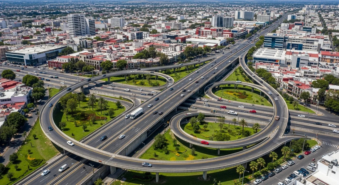 Vista aérea de una intersección compleja en un municipio mexicano, mostrando el flujo de vehículos y la infraestructura vial como puentes y avenidas.