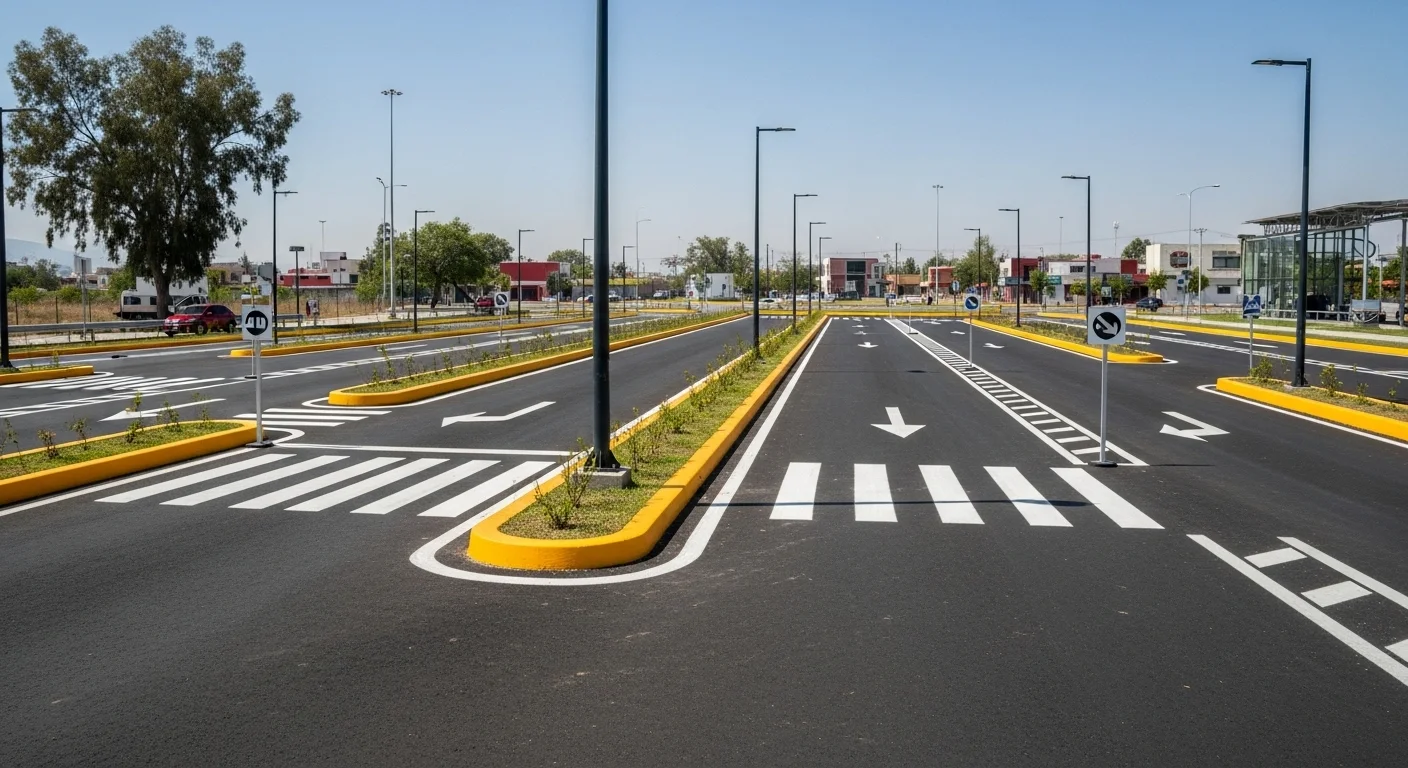 Vista de una calle con señalización clara y pavimento en buen estado, representando la infraestructura ideal de un municipio para el test de prueba de manejo.