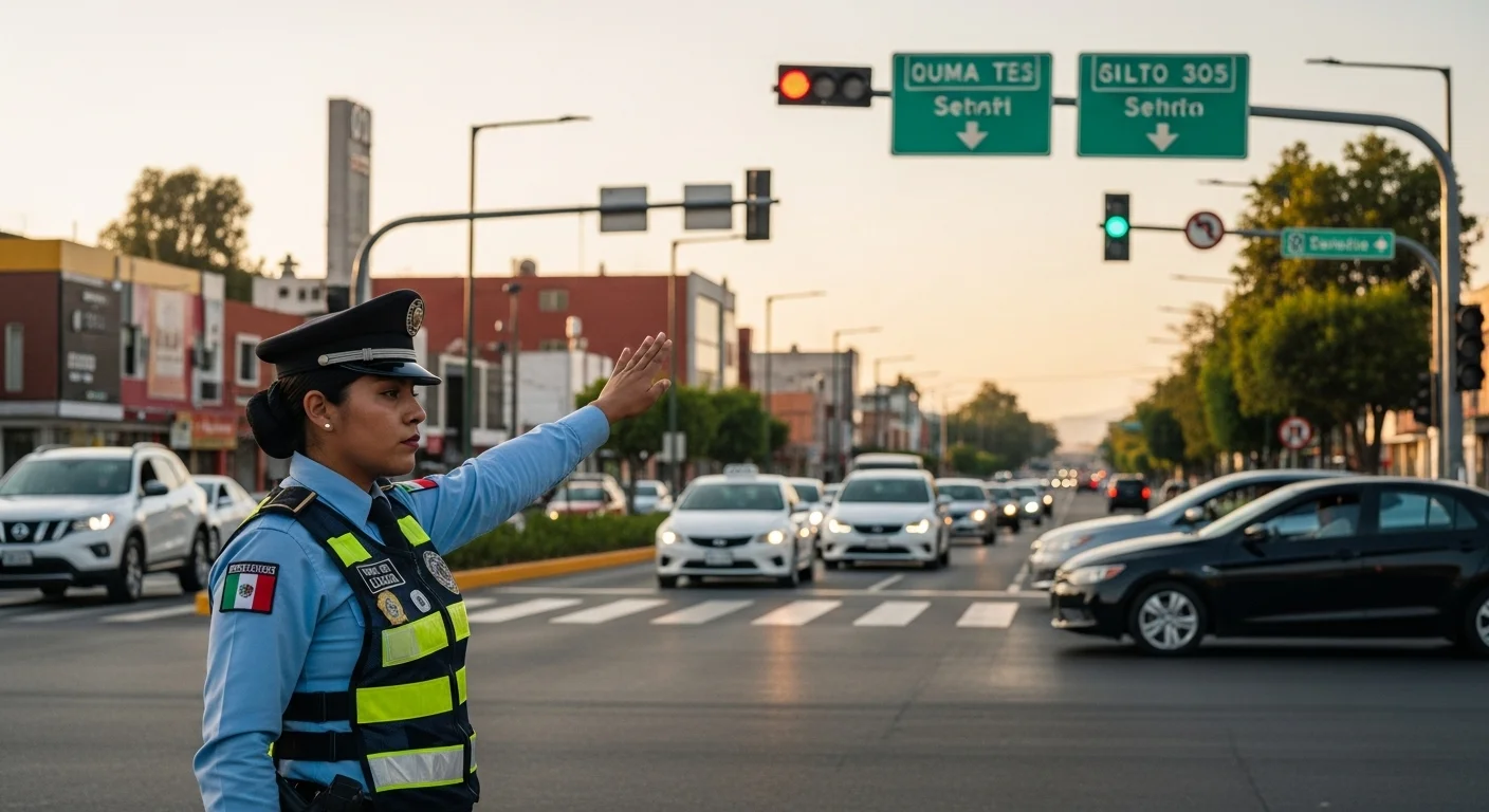 Imagen de una intersección vial bien señalizada en una ciudad de México, mostrando la infraestructura municipal para la seguridad de peatones y vehículos.