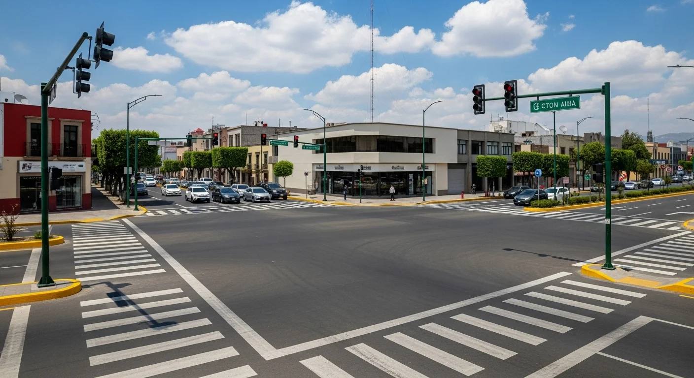 Intersección bien señalizada en una ciudad mexicana, destacando el papel de la infraestructura municipal en la seguridad vial que se evalúa en el teórico de conducir.