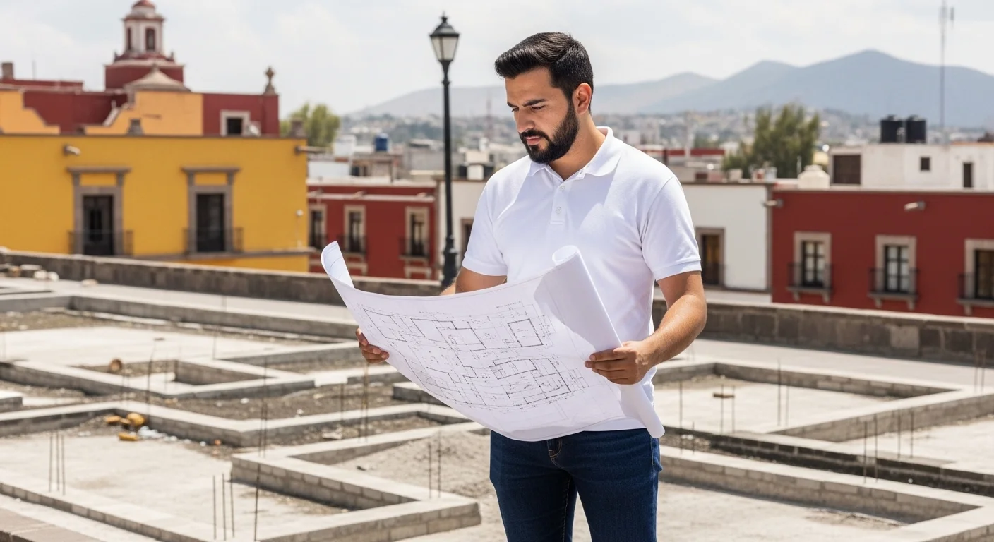 Ingeniero civil supervisando un proyecto de infraestructura urbana en un municipio mexicano, con un plano en la mano.