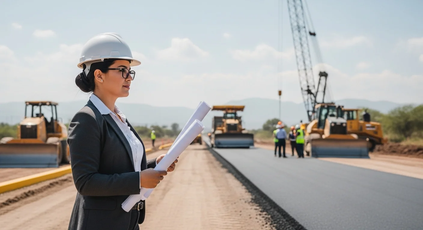 Un ingeniero civil con casco y planos supervisando una obra de infraestructura urbana en un municipio mexicano, con maquinaria de construcción al fondo.