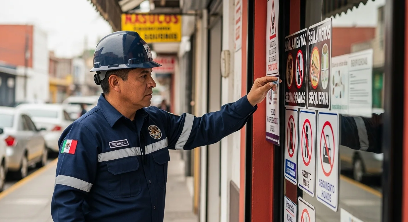 Inspector de protección civil municipal revisando los señalamientos de seguridad en un negocio local en México.