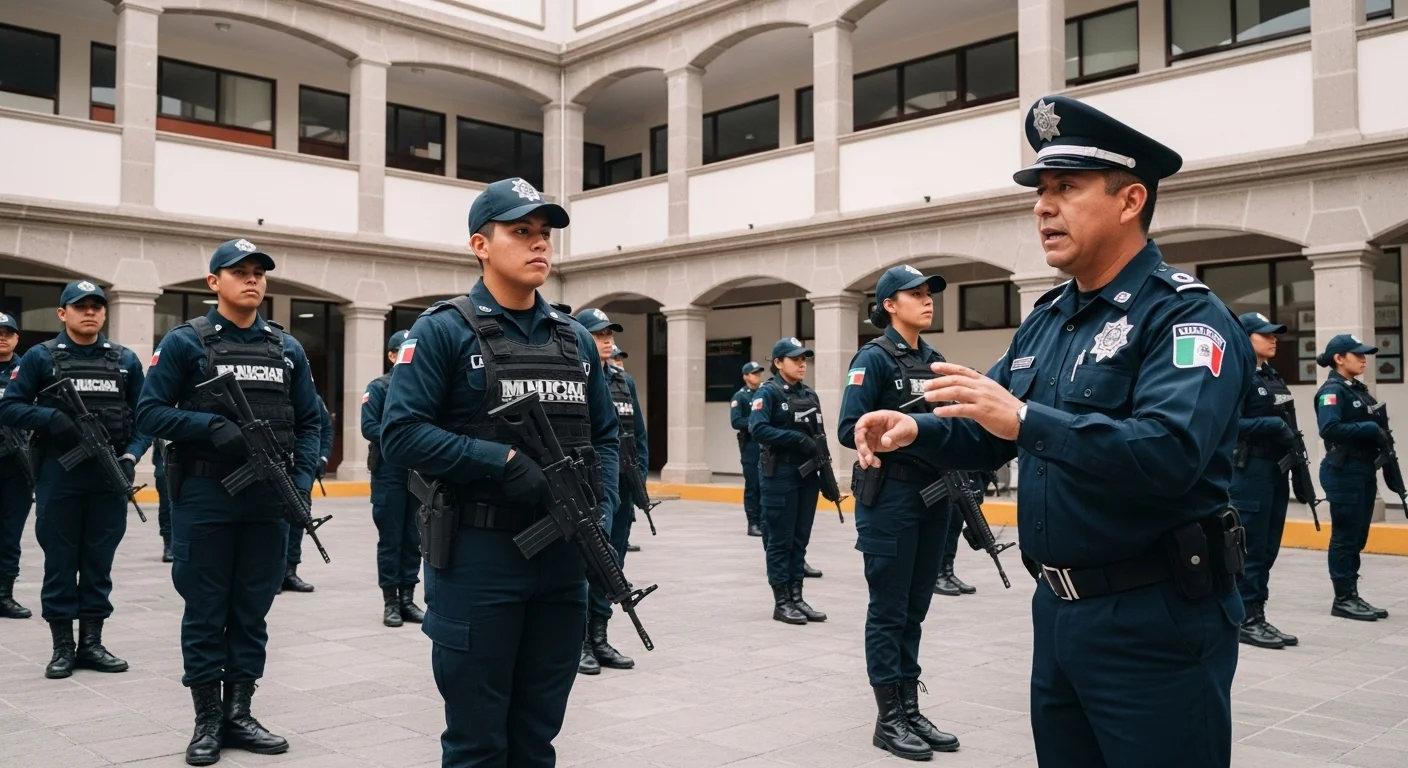 Cadetes de policía municipal en formación en un patio de un instituto de seguridad, con un instructor dando órdenes. Representa la profesionalización en los municipios.