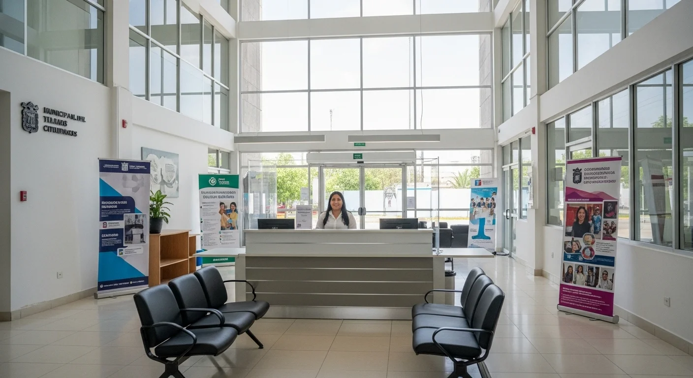 Interior de un moderno ayuntamiento en un municipio de México, mostrando la infraestructura para la atención ciudadana.