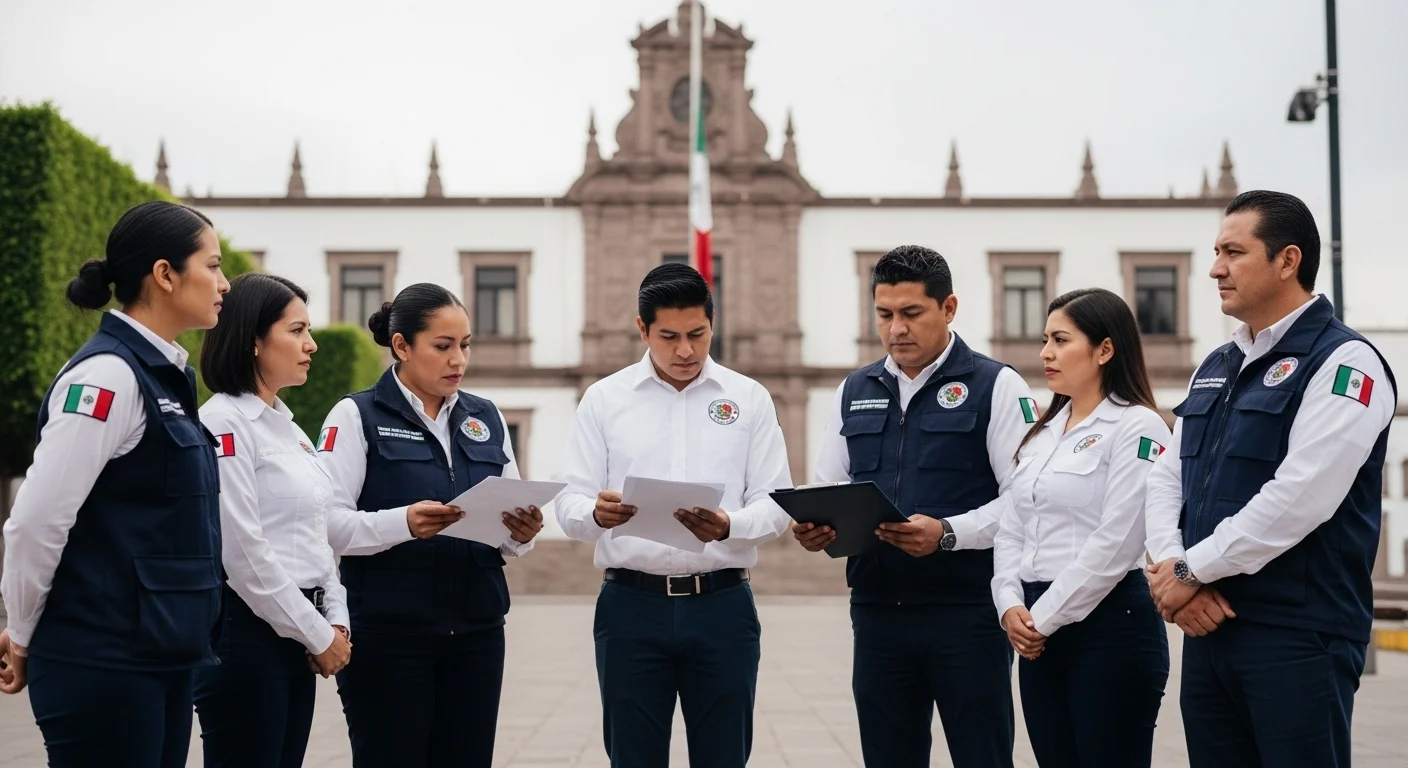 Equipo de protección civil de un municipio mexicano reunido frente a un ayuntamiento, planeando acciones.