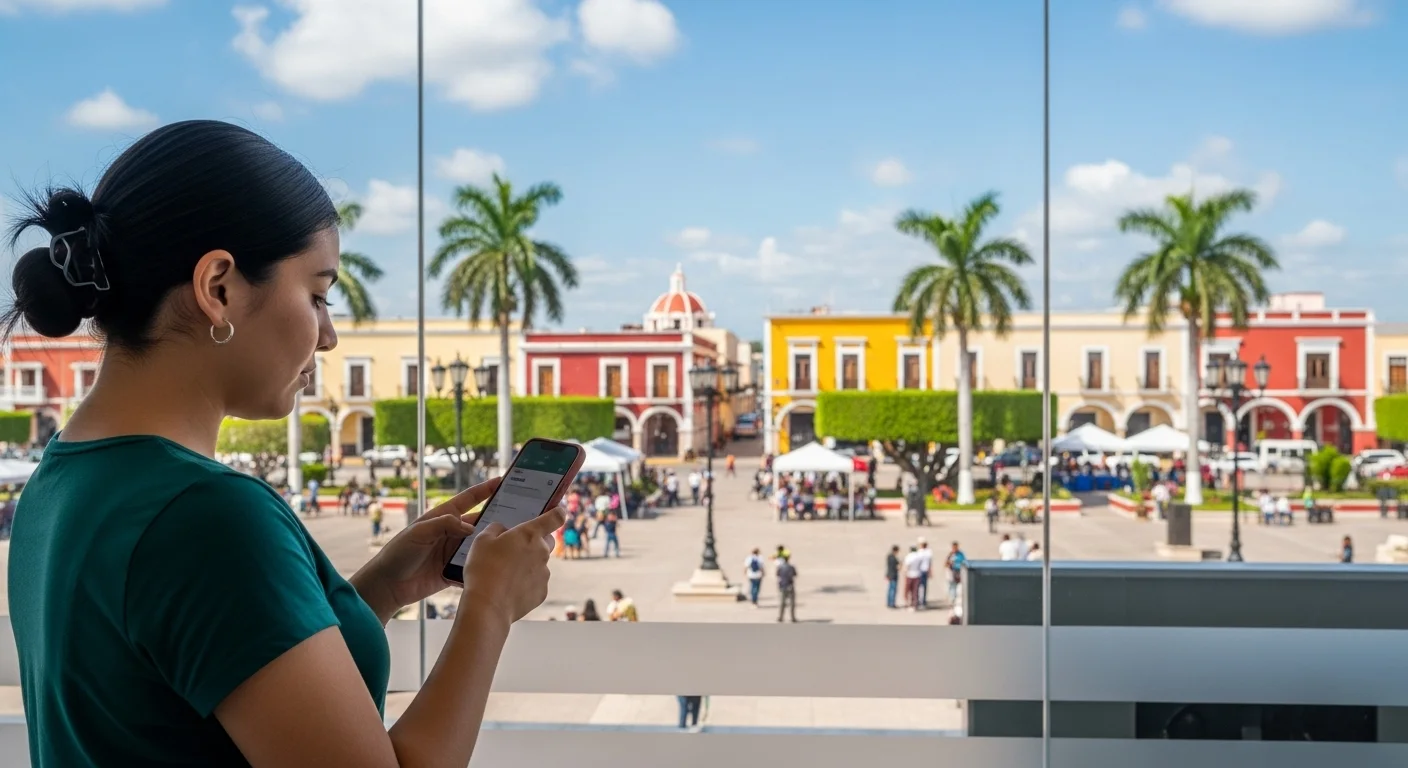 Un ciudadano utiliza su teléfono para realizar el Japay Pago en línea, con una vista de la plaza principal de un municipio yucateco al fondo.