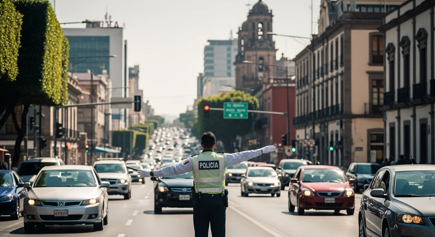 Agente de tránsito dirigiendo el tráfico en una concurrida avenida de un municipio mexicano, con edificios y vehículos al fondo.