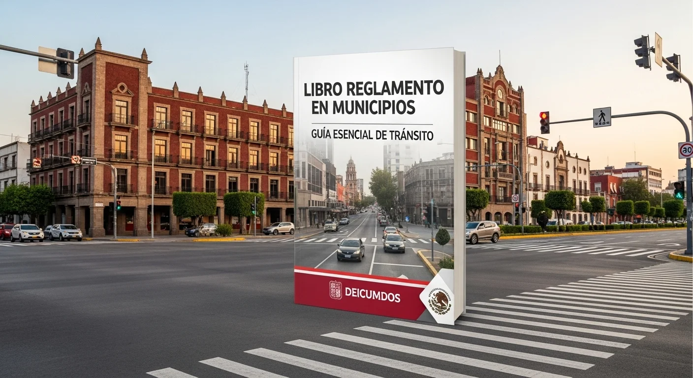 Una imagen conceptual mostrando un libro reglamento de transito junto a señales viales y un cruce peatonal en una ciudad mexicana.
