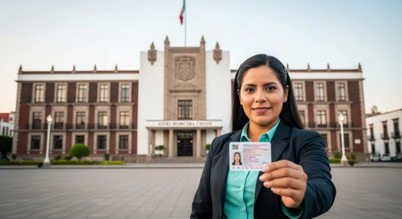 Una persona mostrando su licencia para conducir moto con el palacio municipal de un municipio mexicano al fondo