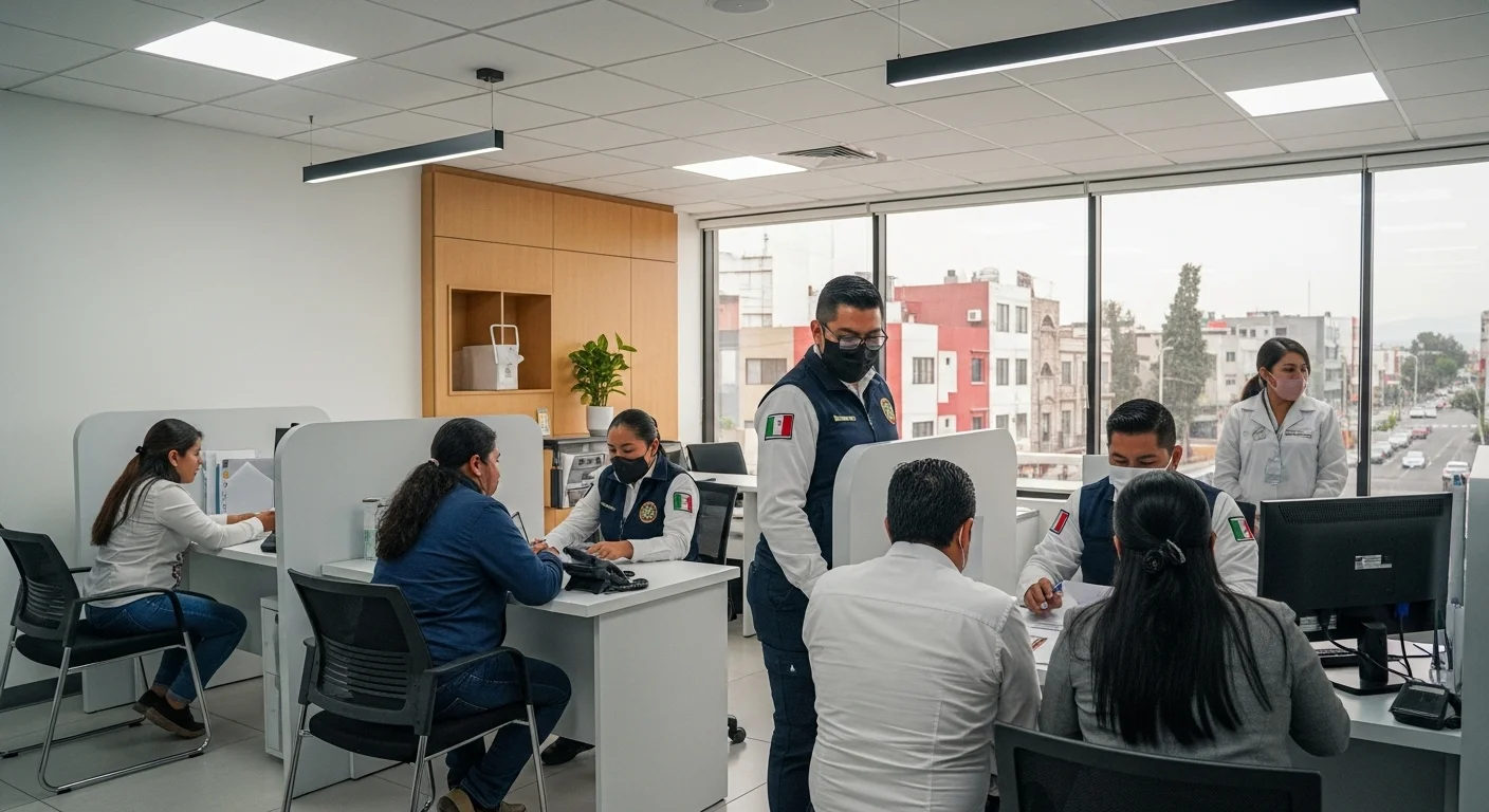 Oficina de tránsito municipal en una ciudad mexicana, con ciudadanos realizando trámites para su licencia de conducir.